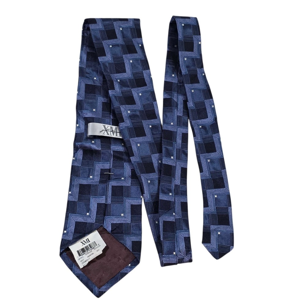 XMI Platinum Silk Geometric Grid Necktie Blue Silver Hand Made In USA New